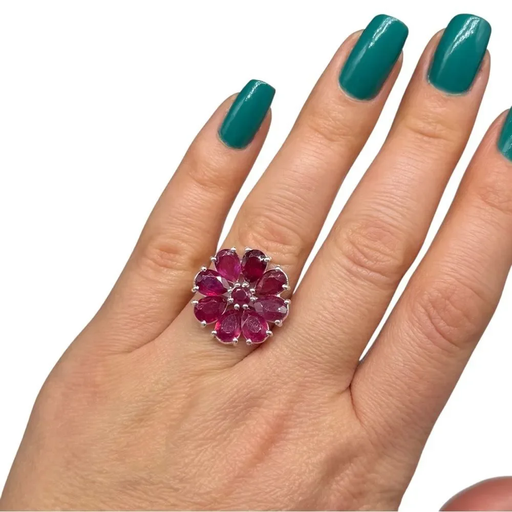 Ruby Flower Ring Size 6 Solid 925 Sterling Silver Daisy Multi Stone Statement